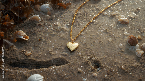 Sunny Beach Jewelry: Gold Heart on Shore

