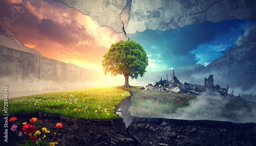 Mystical Fantasy Gateway with Futuristic Nature Spirit – Surreal Green Portal and Silhouette Girl in Enchanted Forest