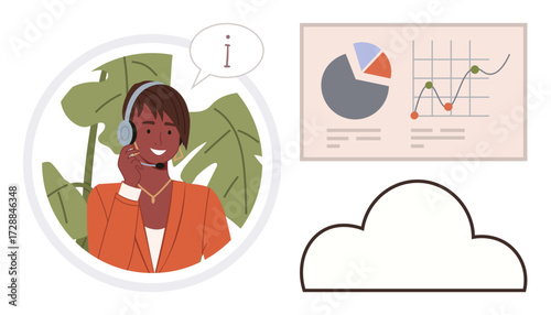 Smiling support agent wearing a headset, speech bubble, financial graphs, and a cloud icon. Ideal for customer service, teamwork, communication, analytics, remote work technology simple flat