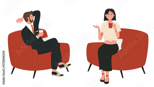 People talk vector illustration. Cartoon young man woman friend or colleague characters sitting in armchairs, talking, taking coffee break together, relaxing on lunch time drinking tea background
