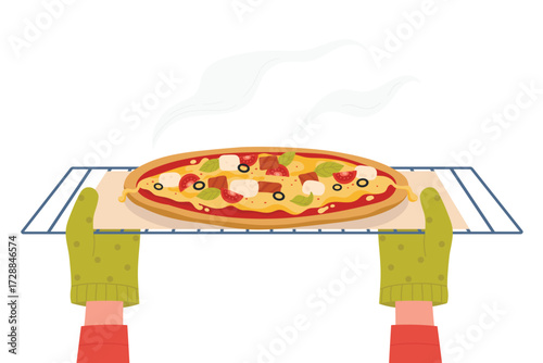 Cartoon person cooking food in home kitchen, chef in mittens baking concept. Hands in gloves open oven door and take away homemade pizza vector illustration