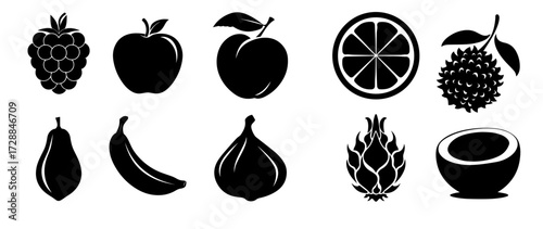 A striking black and white vector illustration featuring a diverse collection of fresh ripe fruits presented in a clean and modern artistic style