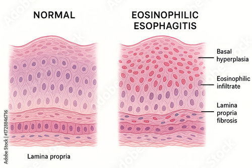 Microscopic Comparison of Normal Esophageal Tissue vs. Eosinophilic Esophagitis