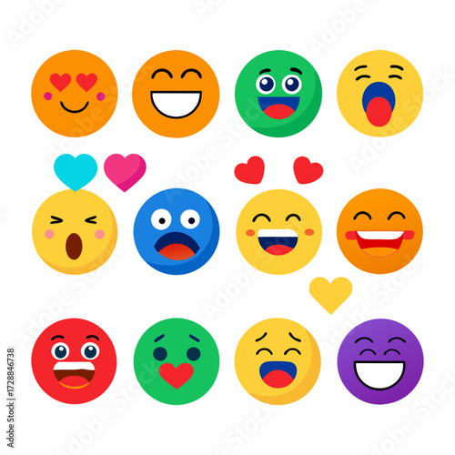 Variety of colorful emoji faces expressing diverse emotions set