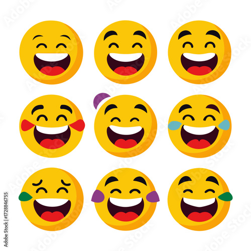 Collection of laughing emoji icons isolated on white background