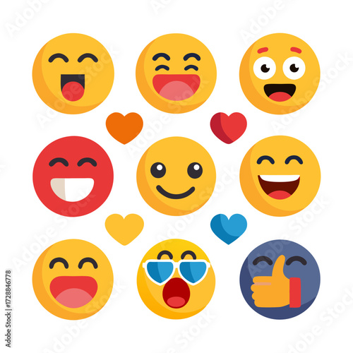 Group of Flat Design Emojis with Hearts on White Background