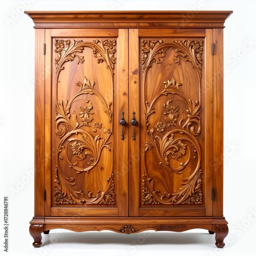 Ornately carved wooden armoire showcases intricate floral details and elegant design against a white background
