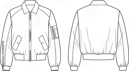 Bomber jacket technical sketch, front and back view, zipper closure, sleeve pocket, fashion flat, garment template, apparel illustration, cad drawing flat vector illustration