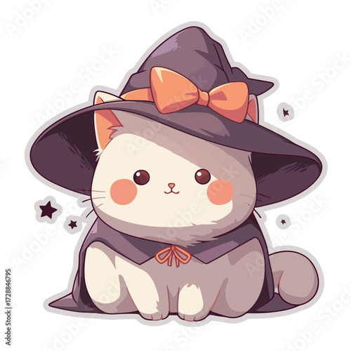 A fluffy cat wearing a large witch hat and bow sits comfortably, surrounded by stars, creating a playful Halloween scene full of charm and delight.