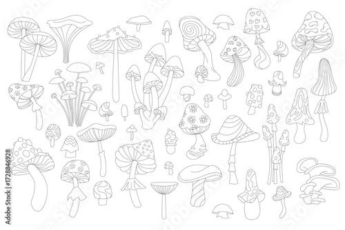 Groovy psychedelic outline mushrooms set. Retro funky stickers of magic toadstool and rainbow fungus, funny fly agaric vintage witchcraft, hallucination trip or hippy party line vector illustration