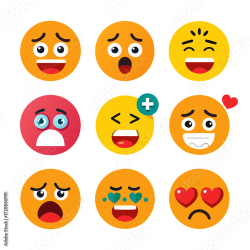 Collection of flat vector emoji faces expressing different emotions