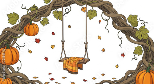 Autumn Swing under Pumpkin Arch Illustration
