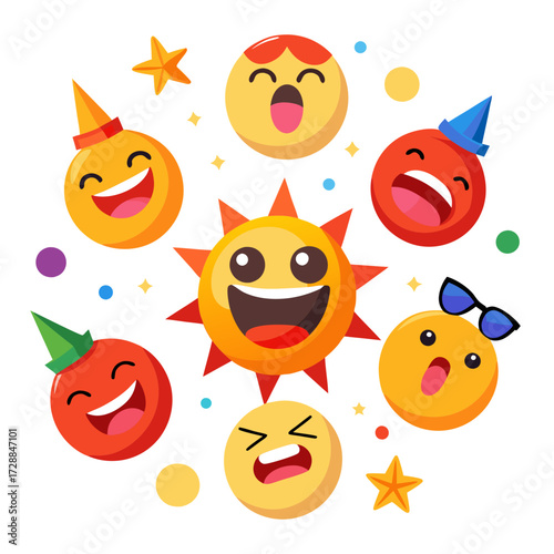 Fun celebration emojis around a smiling sun cartoon illustration