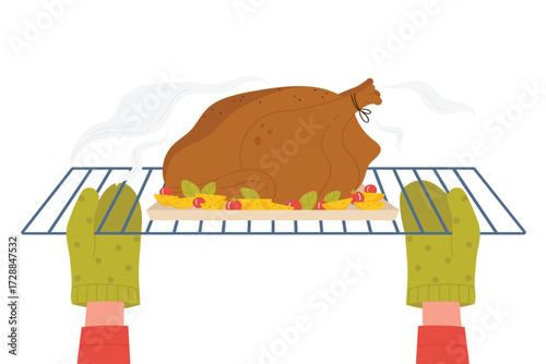 Cartoon chef cooking food for Thanksgiving dinner background. Hands in safety gloves holding bowl form with turkey and potatoes to roast, front view of open door of electric oven vector illustration.