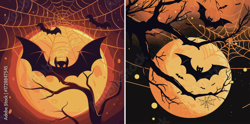 Bats soar across a bright orange moon, silhouetted by twisting branches and spider webs as Halloween approaches. The atmosphere is haunting and festive.