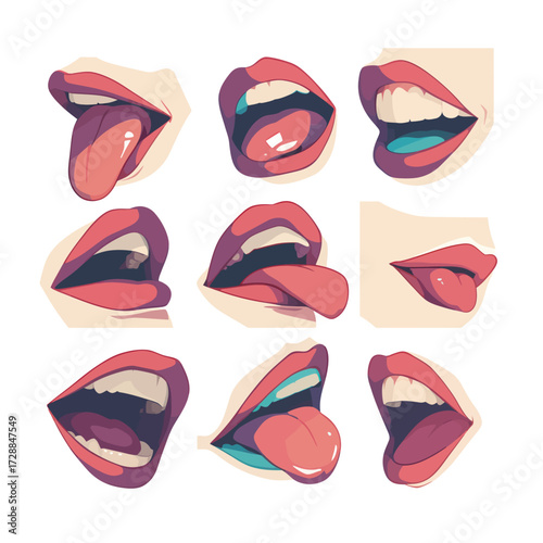 Different lip and tongue expressions create a vivid display of emotions and actions, illustrating how mouth shapes vary for each movement.