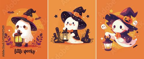 Three adorable ghost characters wearing witch hats enjoy Halloween. They hold lanterns and are surrounded by pumpkins, bats, and other festive elements.