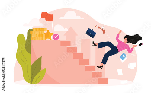 Obstacle and problem in career of businesswoman. Unhappy woman climbing stairs to flag achievement, money reward and recognition, disappointed business lady falling cartoon vector illustration