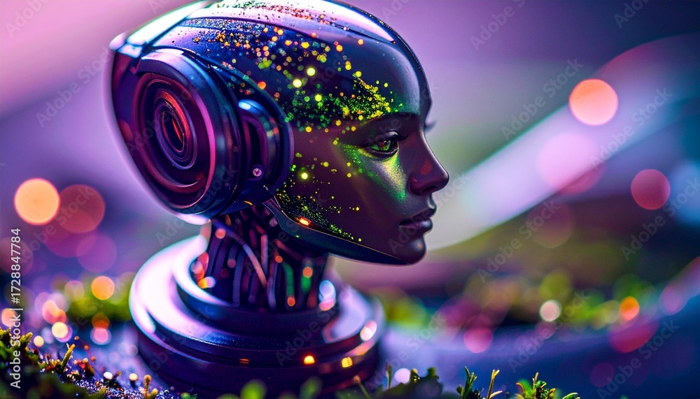 Fototapeta premium Futuristic digital human faces emerging from sparkling particles symbolizing artificial intelligence and innovation