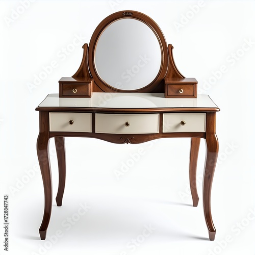 Elegant wooden vanity table with round mirror reflecting light creating a focal point white background