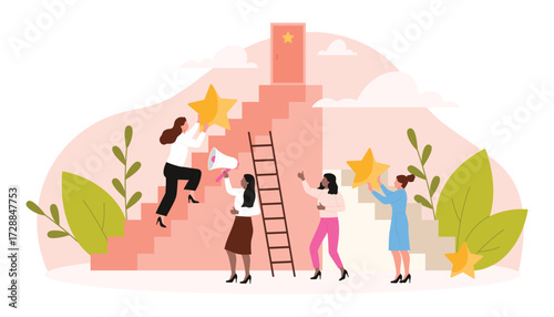 Female support and leadership, career success vector illustration. Cartoon tiny woman holding gold star climbing up stairs, women with megaphone give collective help to leader together in project