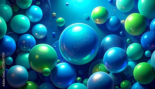 Abstract background of vibrant, glossy spheres in shades of blue and green