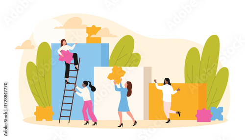 Female support and leadership, collective goal achievement and teamwork vector illustration. Cartoon tiny woman holding puzzle piece climbing up ladder, help to leader from team of women employees