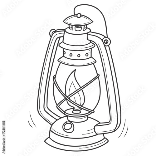 A classic kerosene lantern with a lit flame inside a glass globe and a sturdy metal handle depicted in a simple black and white line drawing style isolated on a white background