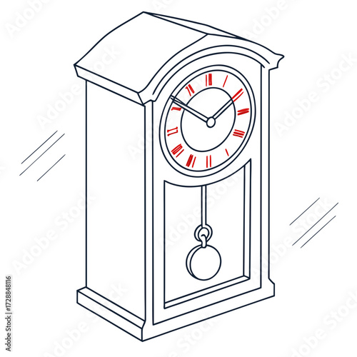 A classic grandfather clock with a pendulum and roman numerals on its face rendered in a clean isometric line art style with red accents