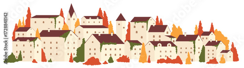 Autumn season in town or village mountain landscape vector illustration. Cartoon European city buildings among orange red trees, architecture and mill, autumn cityscape in Europe isolated