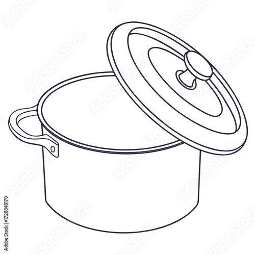 A clean simple line drawing illustration of an empty cooking pot with its lid slightly ajar ready for culinary preparations