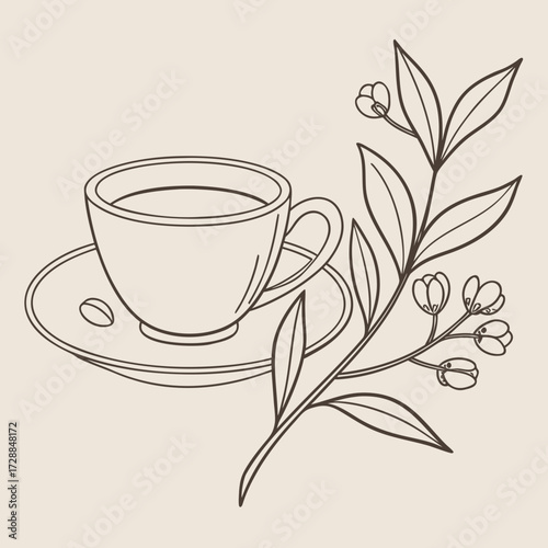 A delicate line art illustration of a steaming cup of coffee on a saucer with a single coffee bean and a sprig of coffee plant with leaves and blossoms set against a neutral beige background
