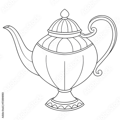 A decorative black and white line art illustration of an ornate antique teapot with a curved handle and a detailed lid isolated on a white background for easy customization