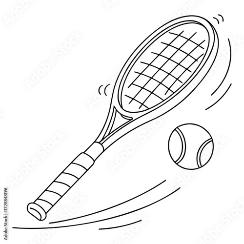 A dynamic black and white line drawing illustration of a tennis racket in motion about to strike a tennis ball with motion lines indicating speed and activity on a white background