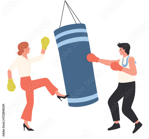 Employees boxing in office interior isolated vector illustration. Cartoon man and woman fighters in gloves hitting punching bag at corporate training, angry fight and challenge of two crazy characters