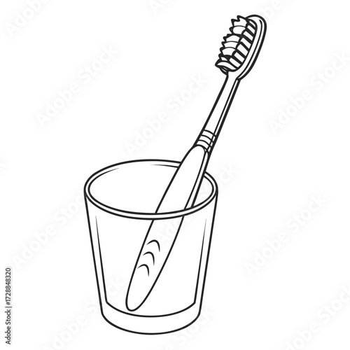 A simple black and white line drawing of a toothbrush standing upright in a clear glass representing oral hygiene and dental care