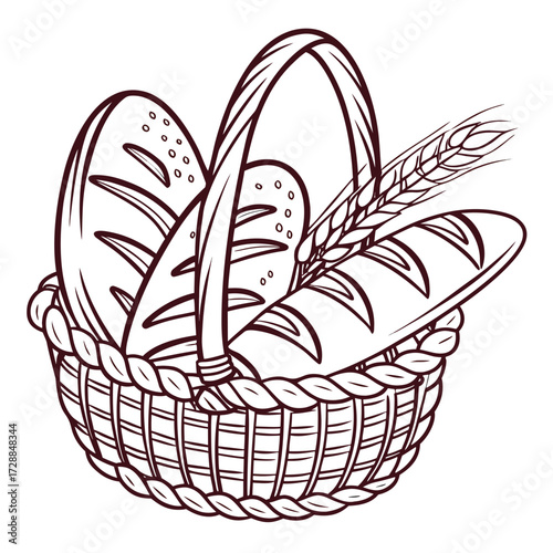 A rustic woven basket overflows with freshly baked artisanal bread loaves and golden wheat stalks a charming depiction of wholesome baked goods and natural ingredients