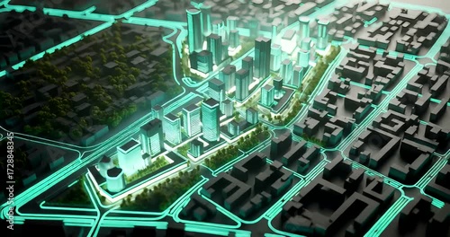 Futuristic Cityscape Animation with Glowing Roads and Modern Architecture Visualization