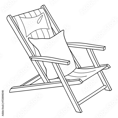 A simple black and white line drawing of a wooden deck chair with two comfortable cushions perfect for relaxation and outdoor leisure
