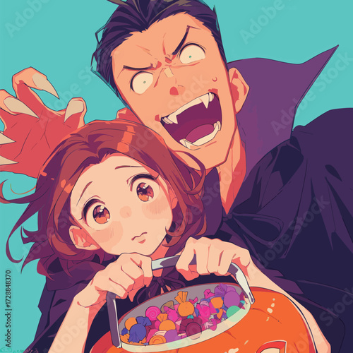 Two friends celebrate Halloween together, with one dressed in a spooky costume and playfully scaring the other. They share a bucket filled with colorful candies.