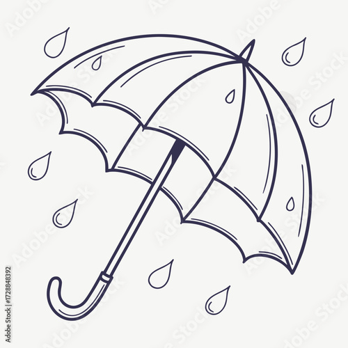A simple hand drawn outline illustration of an open umbrella with raindrops falling around it perfect for weather related themes and designs
