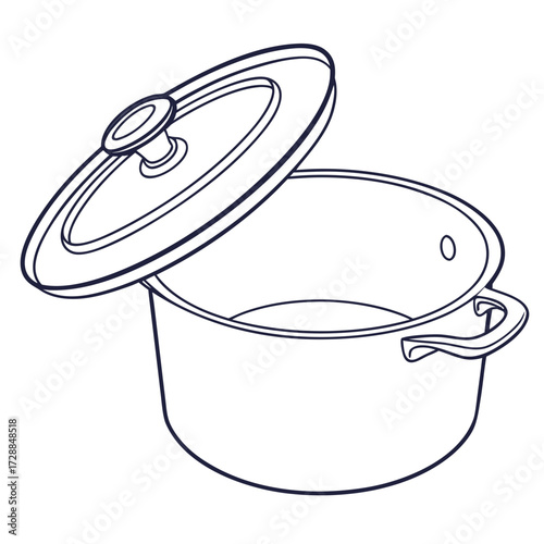 A simple line drawing of an open cooking pot with its lid partially ajar showcasing its interior and handles against a clean white background perfect for culinary design elements