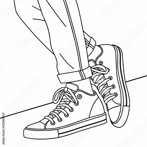 A stylish black and white line drawing illustration of a person wearing high top canvas sneakers with rolled up jeans showcasing a casual and trendy fashion statement