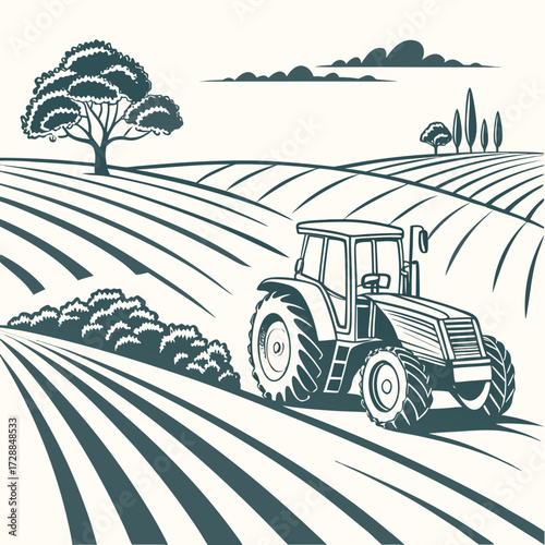 A stylized illustration of a modern tractor plowing a field with rolling hills and a lone tree under a cloudy sky representing agricultural work and rural landscapes