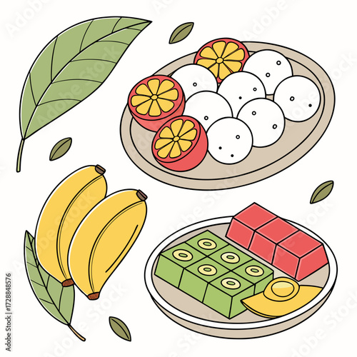 A vibrant and artistic illustration showcasing a delightful assortment of fresh fruits and delectable desserts arranged on plates complemented by scattered leaves and seeds perfect for culinary themes