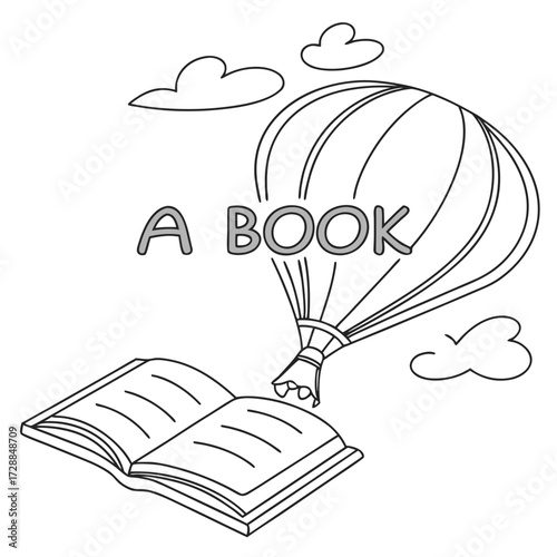 An open book with the words a book written on a hot air balloon floating in the sky with clouds symbolizing imagination and adventure