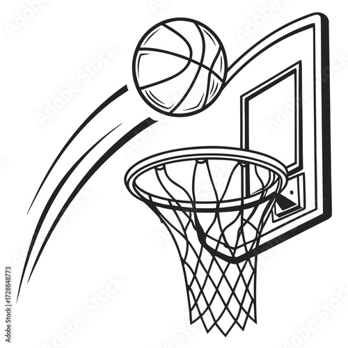 Dynamic black and white illustration of a basketball in mid air soaring towards a net capturing the thrilling moment of a shot attempt on a clean white background