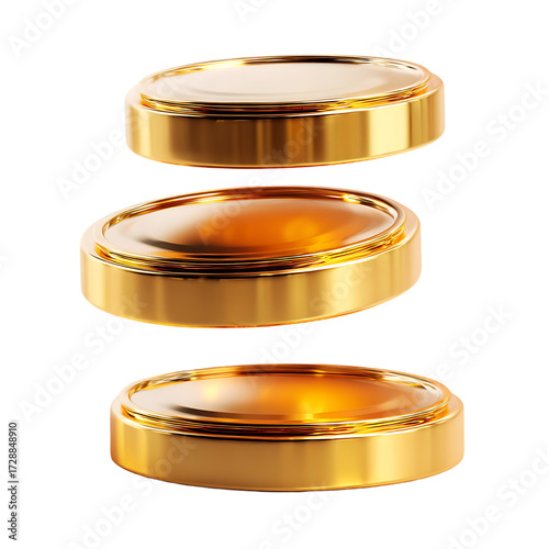Three shiny gold coins stacked in a row with reflective surfaces