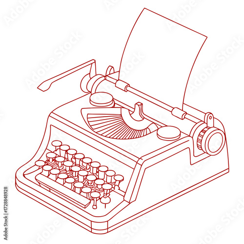 Vintage red line art illustration of a classic mechanical typewriter with a blank sheet of paper in the roller viewed from an isometric perspective symbolizing writing and creativity
