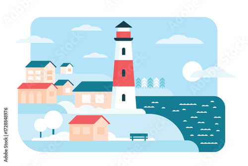 Lighthouse in simple winter minimal landscape of coastal town vector illustration. Cartoon silhouettes of beacon tower and houses on beach, in sailing ship in sea waves, city in harbor